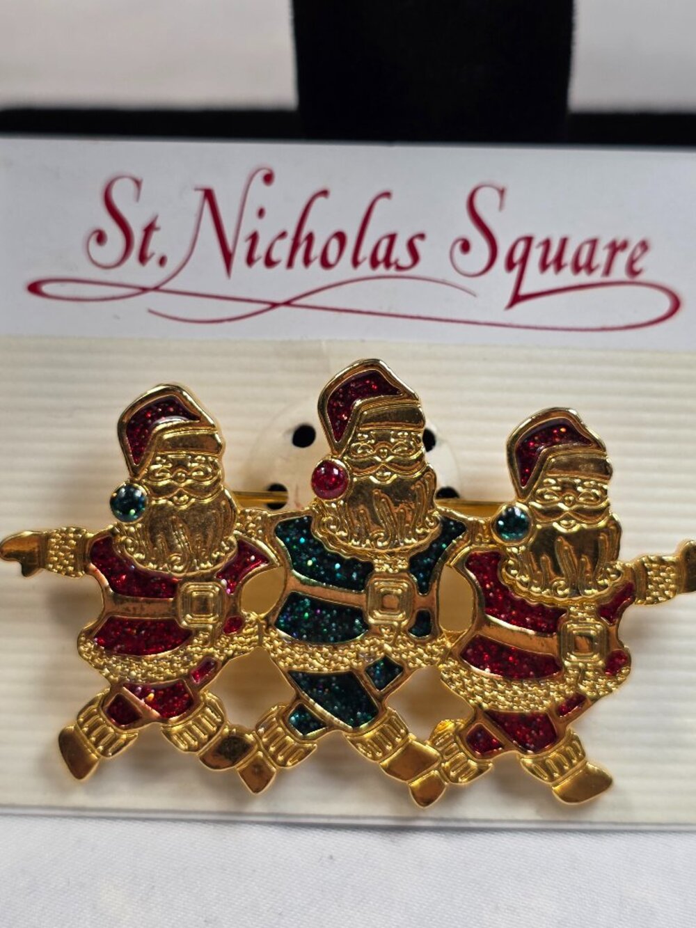 Vtg. St. Nicholas Square Christmas Brooch Gold Tone Enameled Trio Dancing Santas